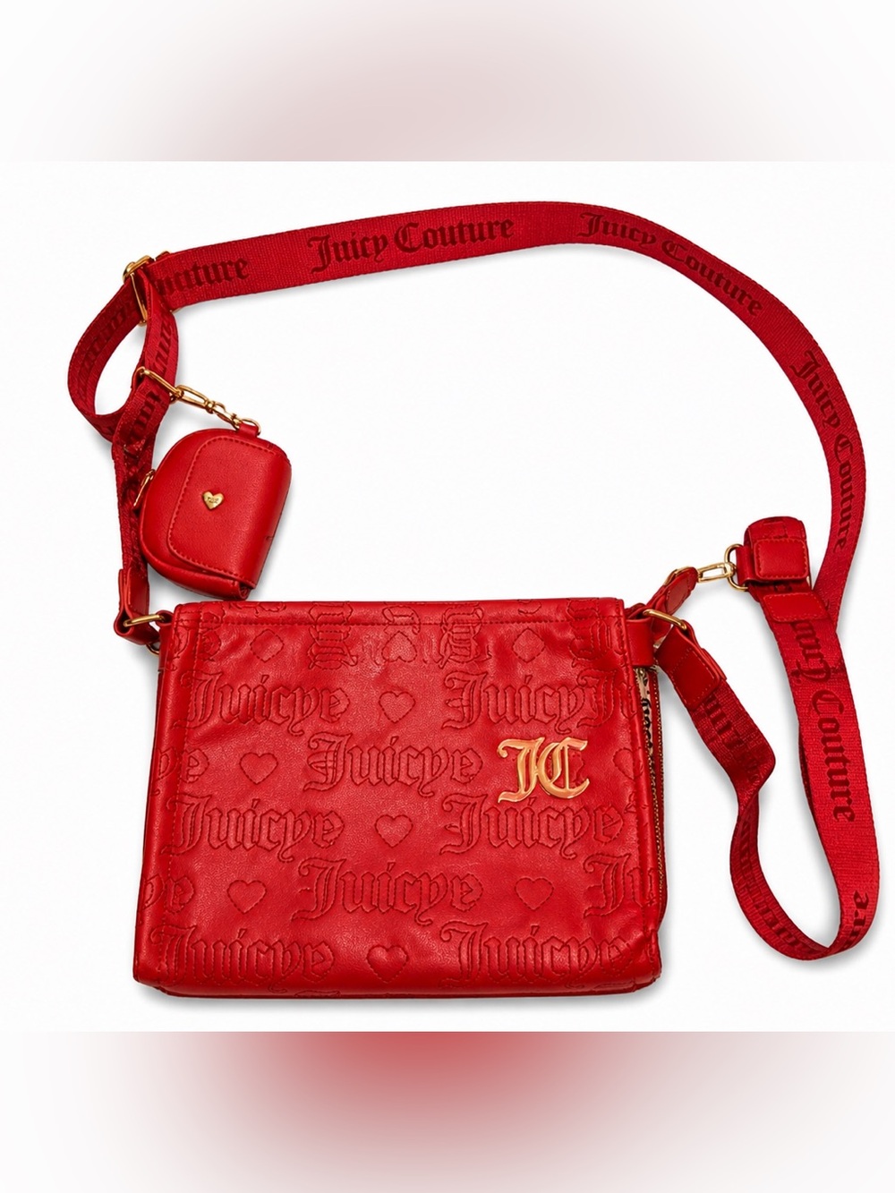 Juicy Couture Red Crossbody Bag w/ Mini Pouch | Embossed Logo |‎ Gold Hardware